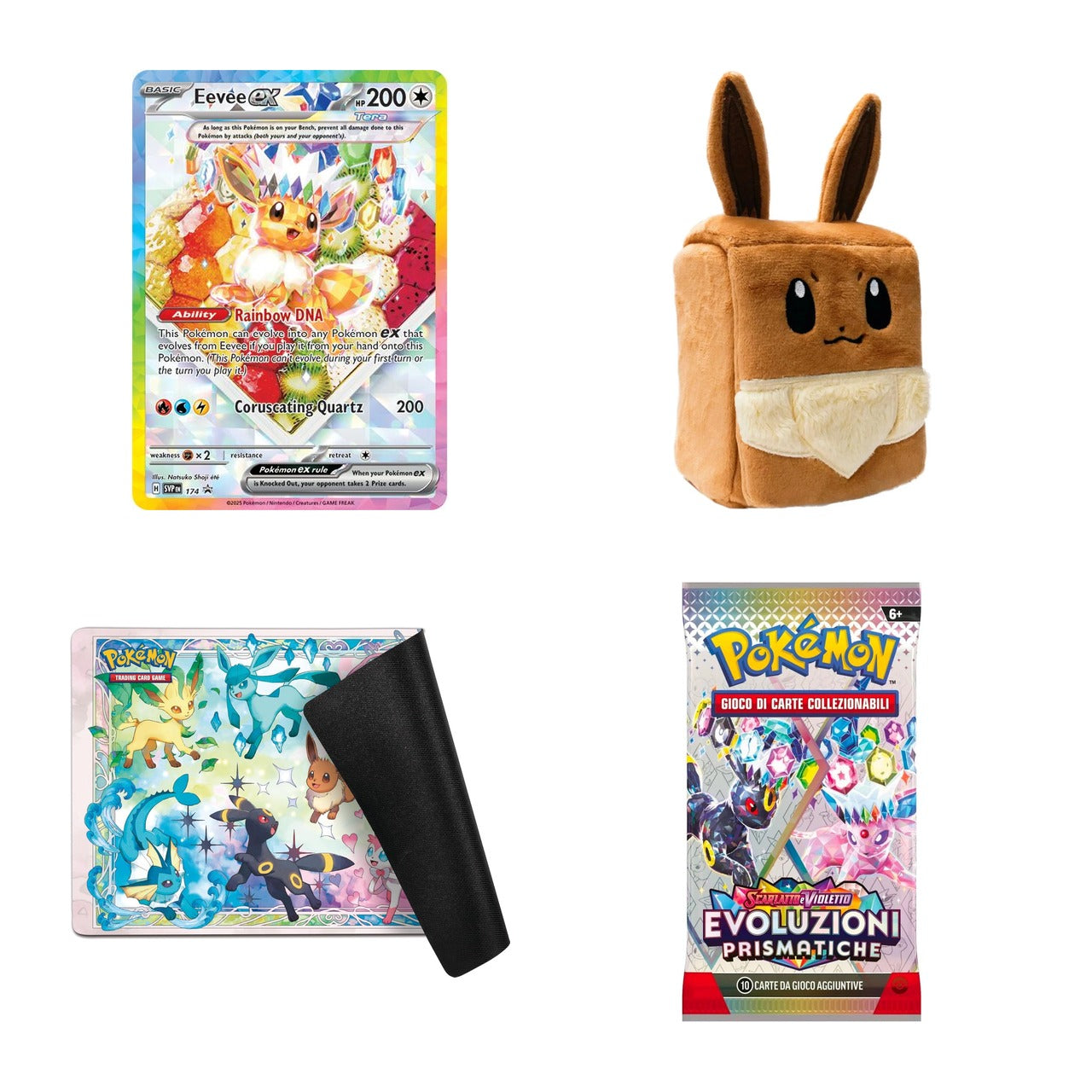 Contenuto: carta promo Eevee-ex, deck box, playmat, bustina